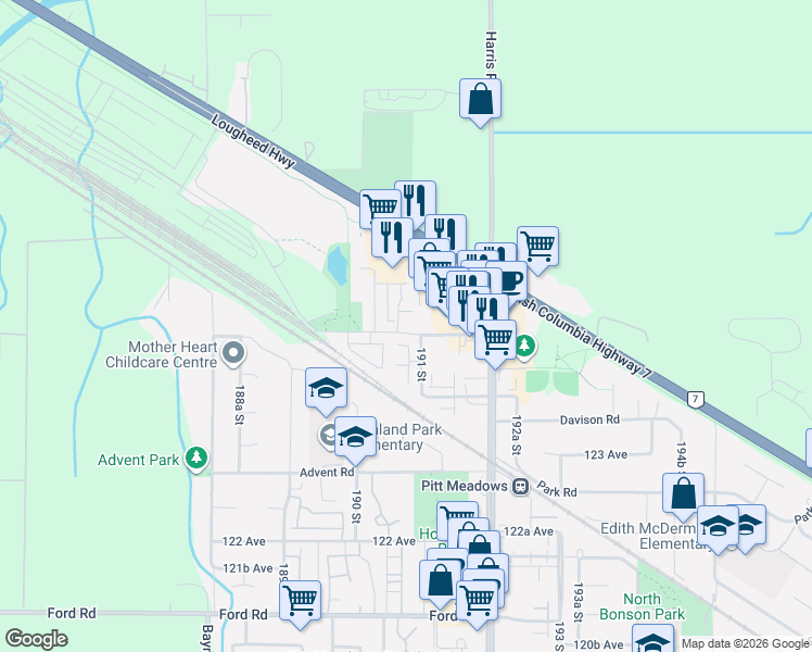 map of restaurants, bars, coffee shops, grocery stores, and more near 19091 McMyn Road in Pitt Meadows