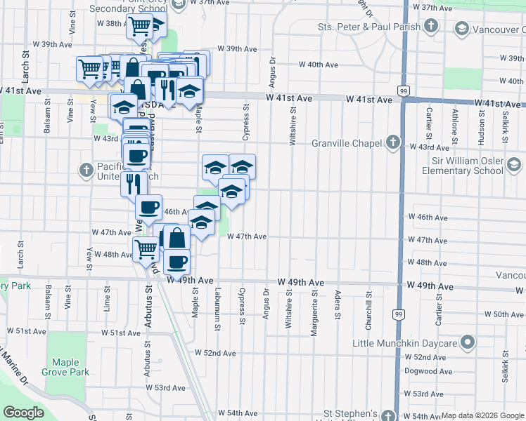map of restaurants, bars, coffee shops, grocery stores, and more near 6189 Angus Drive in Vancouver