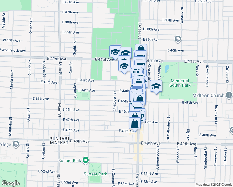 map of restaurants, bars, coffee shops, grocery stores, and more near 5962 Saint George Street in Vancouver