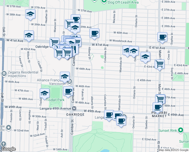 map of restaurants, bars, coffee shops, grocery stores, and more near 283 West 45th Avenue in Vancouver