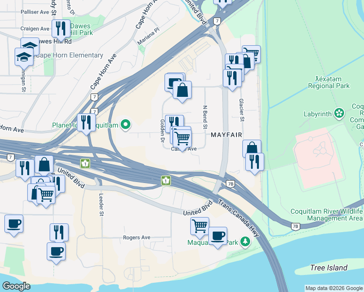 map of restaurants, bars, coffee shops, grocery stores, and more near 2431 Canoe Avenue in Coquitlam