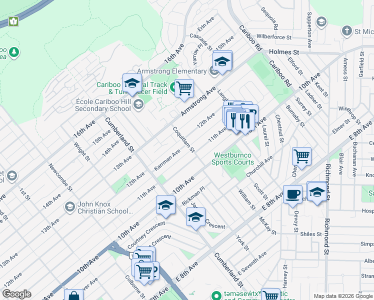map of restaurants, bars, coffee shops, grocery stores, and more near 7833 Coquitlam Street in Burnaby