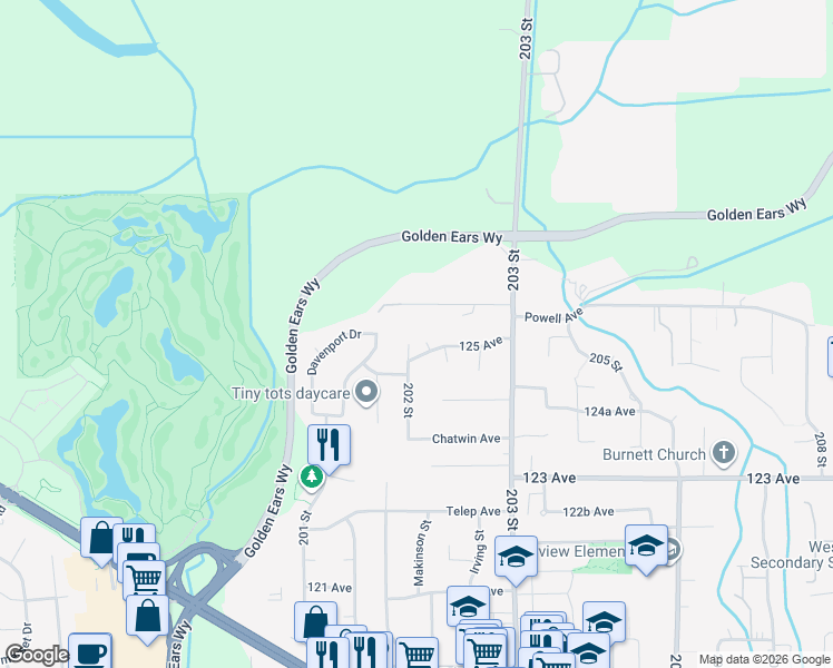 map of restaurants, bars, coffee shops, grocery stores, and more near 20235 125 Avenue in Maple Ridge