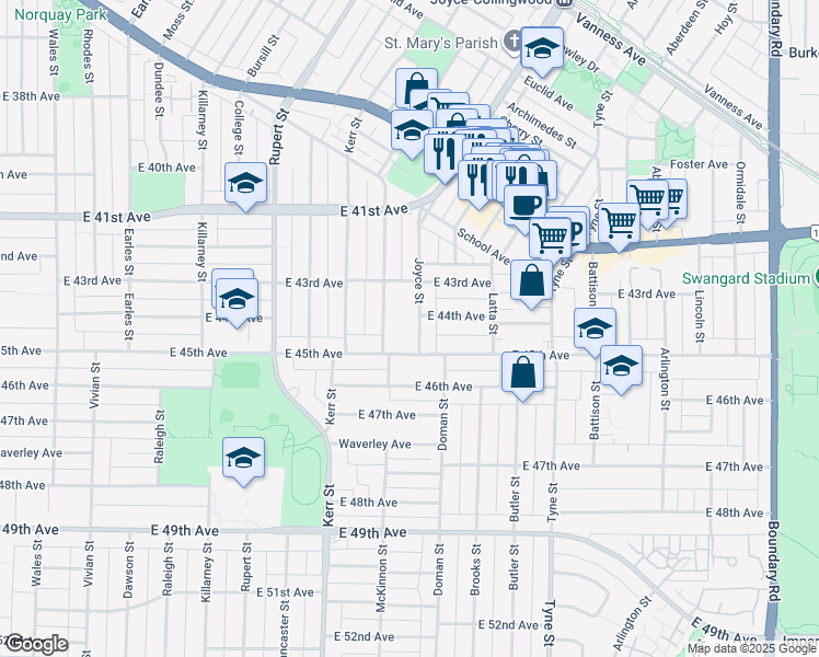 map of restaurants, bars, coffee shops, grocery stores, and more near 5955 Joyce Street in Vancouver
