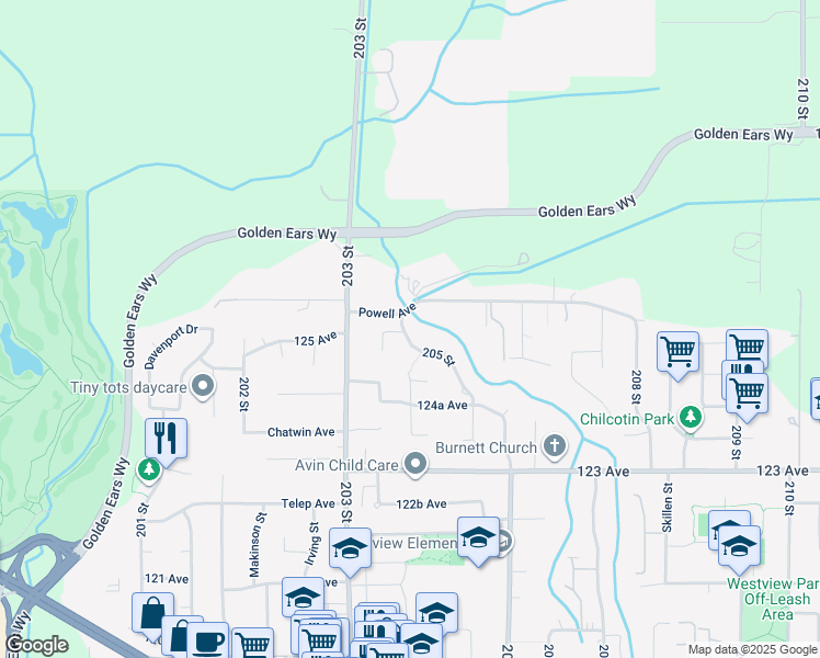 map of restaurants, bars, coffee shops, grocery stores, and more near 12492 205 Street in Maple Ridge