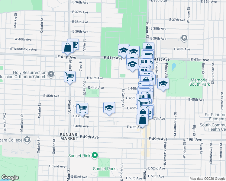 map of restaurants, bars, coffee shops, grocery stores, and more near 458 East 44th Avenue in Vancouver