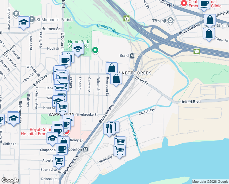map of restaurants, bars, coffee shops, grocery stores, and more near in New Westminster