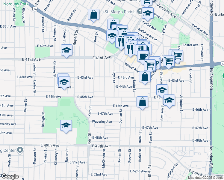 map of restaurants, bars, coffee shops, grocery stores, and more near 5955 Joyce Street in Vancouver