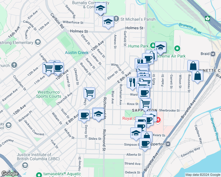 map of restaurants, bars, coffee shops, grocery stores, and more near 404 East 8th Avenue in New Westminster