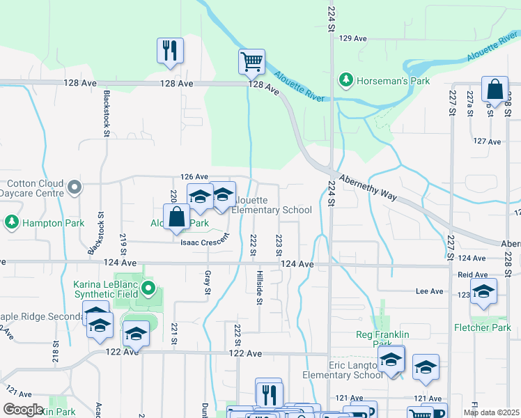 map of restaurants, bars, coffee shops, grocery stores, and more near 12530 222 Street in Maple Ridge