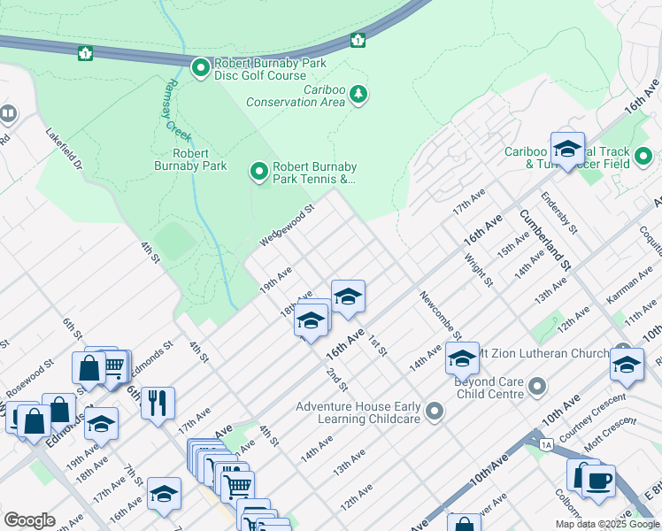 map of restaurants, bars, coffee shops, grocery stores, and more near 8225 18th Avenue in Burnaby