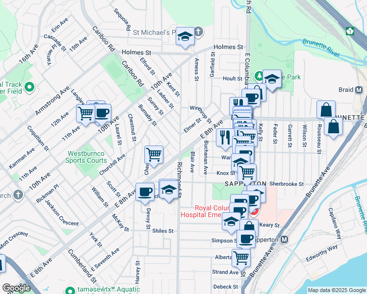 map of restaurants, bars, coffee shops, grocery stores, and more near 411 East 8th Avenue in New Westminster