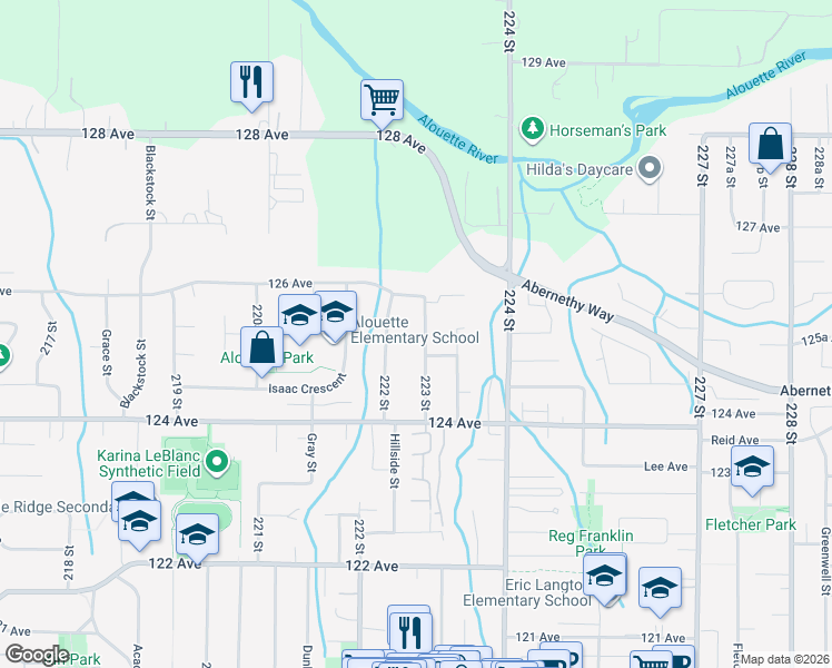 map of restaurants, bars, coffee shops, grocery stores, and more near 12530 222 Street in Maple Ridge