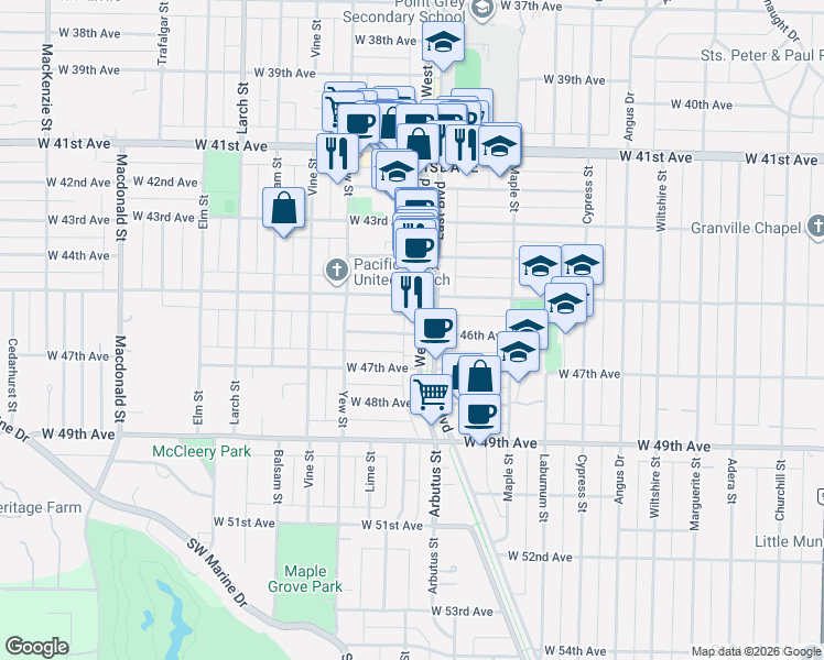 map of restaurants, bars, coffee shops, grocery stores, and more near 2105 West 46th Avenue in Vancouver