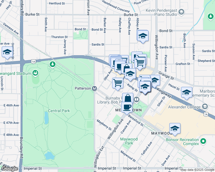 map of restaurants, bars, coffee shops, grocery stores, and more near 5938 Olive Avenue in Burnaby