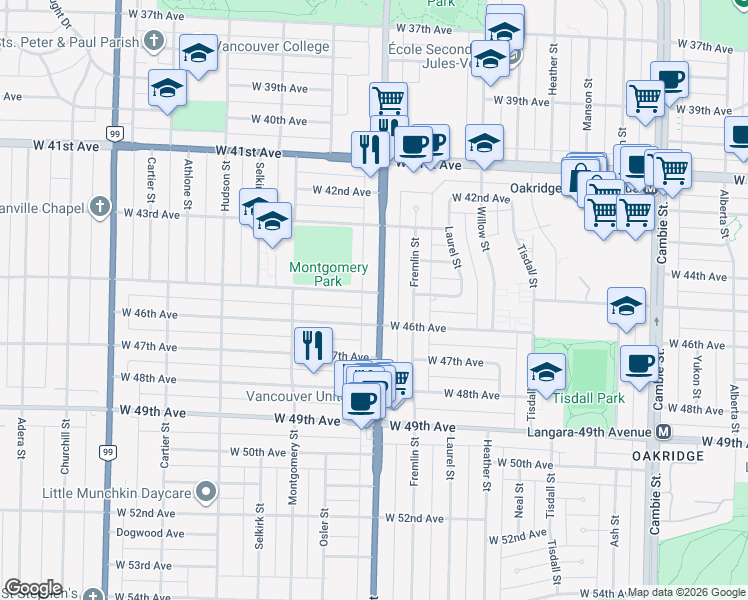 map of restaurants, bars, coffee shops, grocery stores, and more near 6139 Oak Street in Vancouver