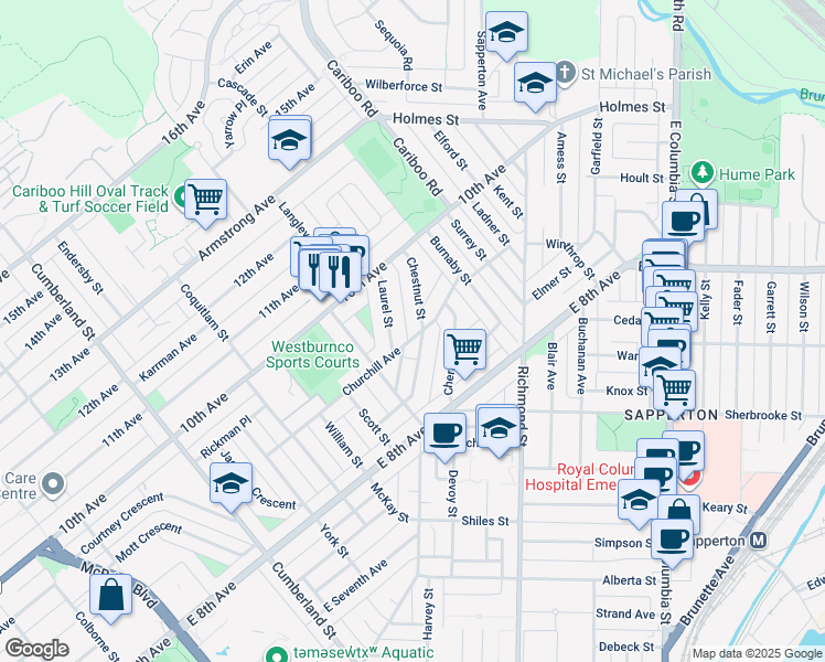 map of restaurants, bars, coffee shops, grocery stores, and more near 319 Churchill Avenue in New Westminster