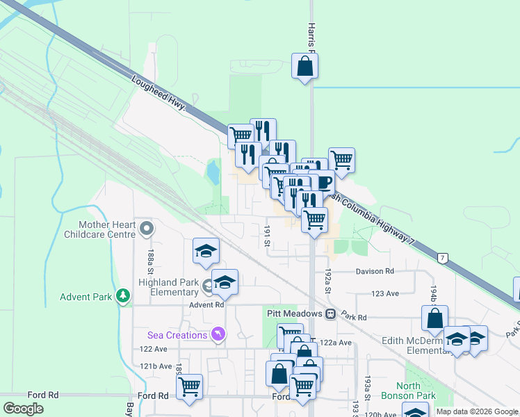 map of restaurants, bars, coffee shops, grocery stores, and more near in Pitt Meadows