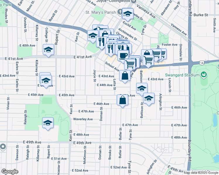 map of restaurants, bars, coffee shops, grocery stores, and more near 3274 East 44th Avenue in Vancouver
