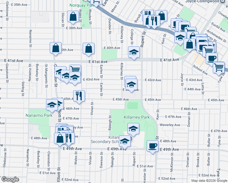map of restaurants, bars, coffee shops, grocery stores, and more near 2866 East 44th Avenue in Vancouver