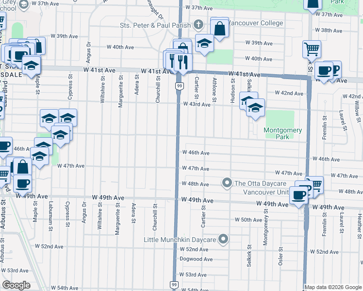 map of restaurants, bars, coffee shops, grocery stores, and more near 6166 Granville Street in Vancouver