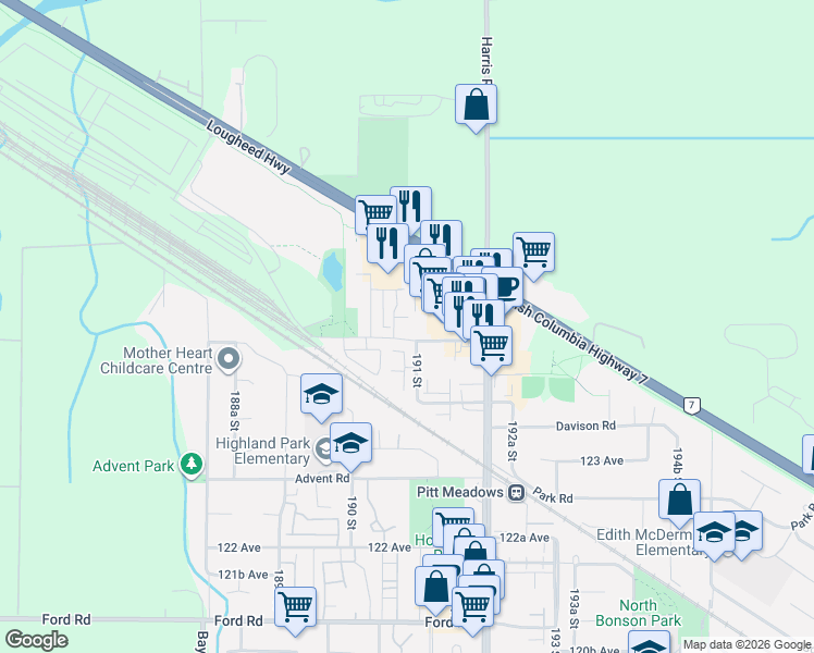 map of restaurants, bars, coffee shops, grocery stores, and more near 19091 McMyn Road in Pitt Meadows