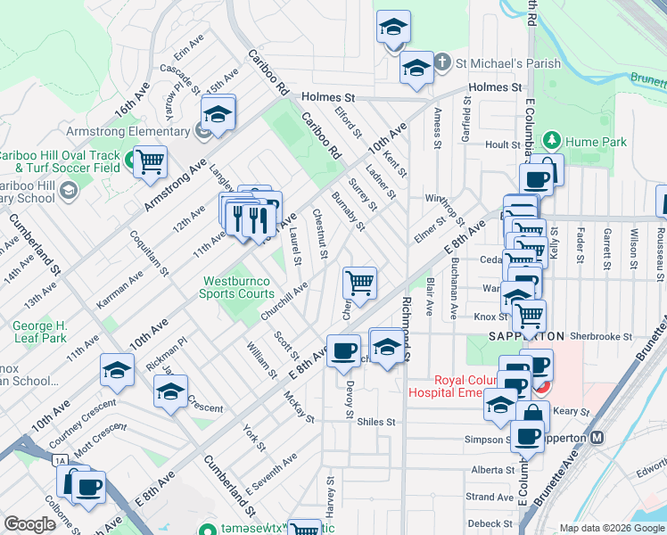 map of restaurants, bars, coffee shops, grocery stores, and more near 324 Churchill Avenue in New Westminster