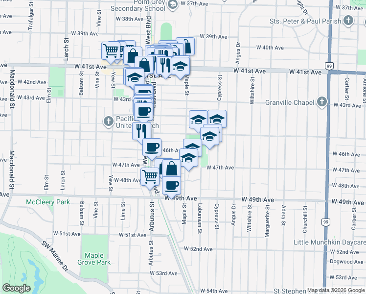map of restaurants, bars, coffee shops, grocery stores, and more near 2005 West 46th Avenue in Vancouver