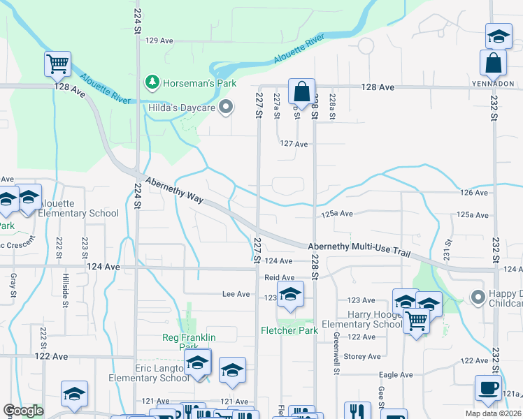 map of restaurants, bars, coffee shops, grocery stores, and more near 22700 125A Avenue in Maple Ridge