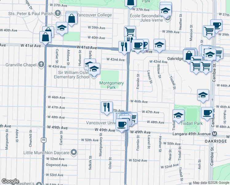 map of restaurants, bars, coffee shops, grocery stores, and more near 1056 West 45th Avenue in Vancouver