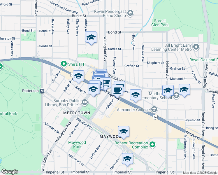 map of restaurants, bars, coffee shops, grocery stores, and more near 4501 Kingsway in Burnaby