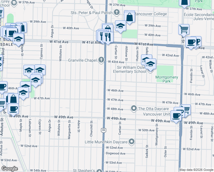 map of restaurants, bars, coffee shops, grocery stores, and more near 6162 Granville Street in Vancouver
