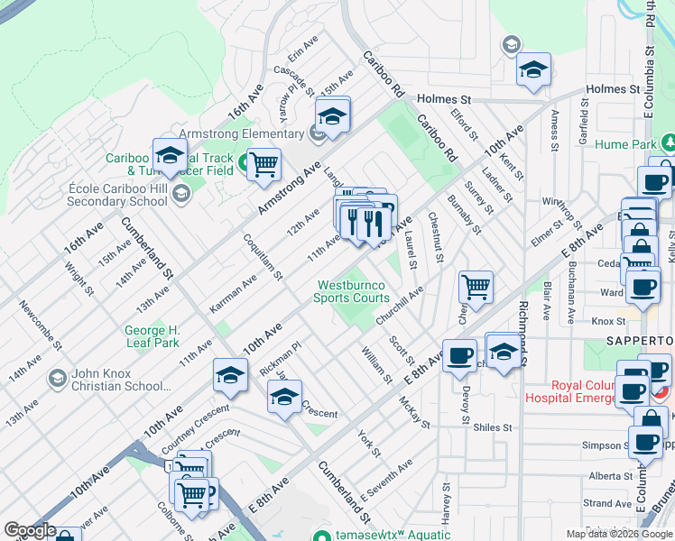 map of restaurants, bars, coffee shops, grocery stores, and more near 8647 Tenth Avenue in Burnaby