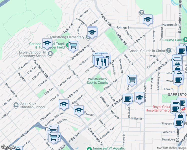 map of restaurants, bars, coffee shops, grocery stores, and more near in Burnaby