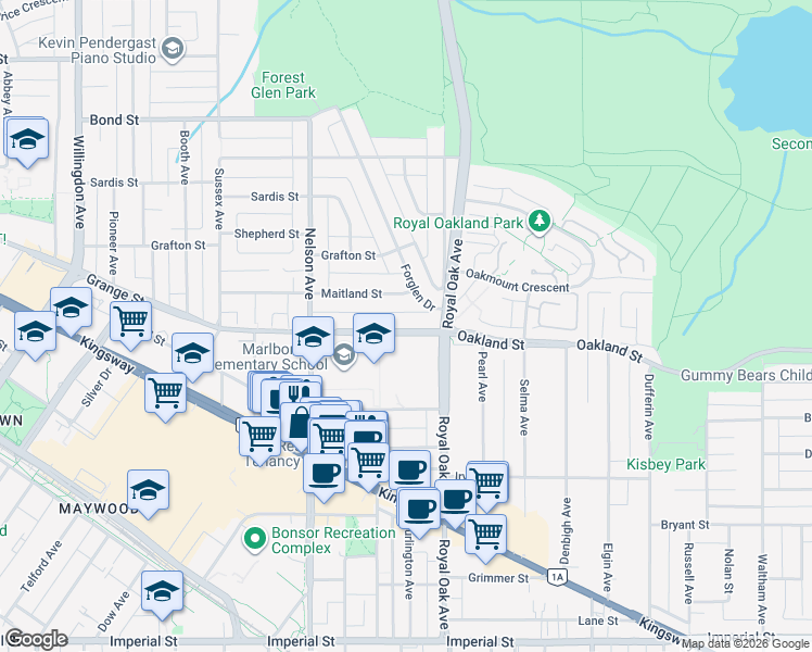 map of restaurants, bars, coffee shops, grocery stores, and more near 5097 Dover Street in Burnaby