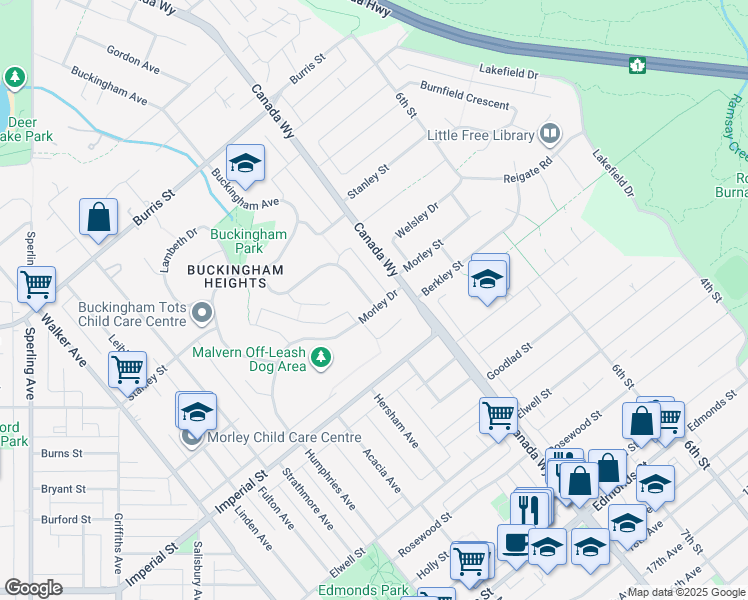 map of restaurants, bars, coffee shops, grocery stores, and more near 6488 Gordon Avenue in Burnaby