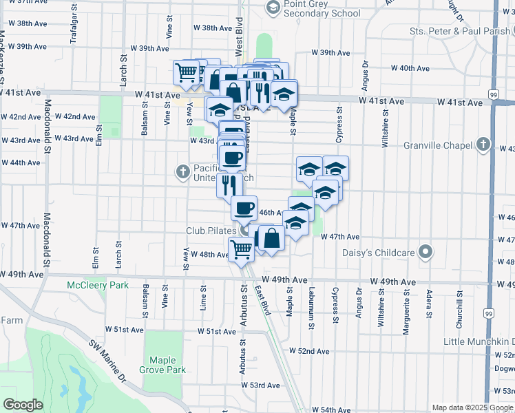 map of restaurants, bars, coffee shops, grocery stores, and more near 2079 West 46th Avenue in Vancouver