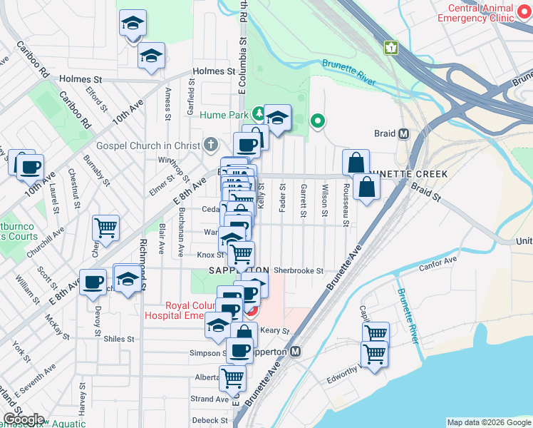 map of restaurants, bars, coffee shops, grocery stores, and more near 446 Kelly Street in New Westminster