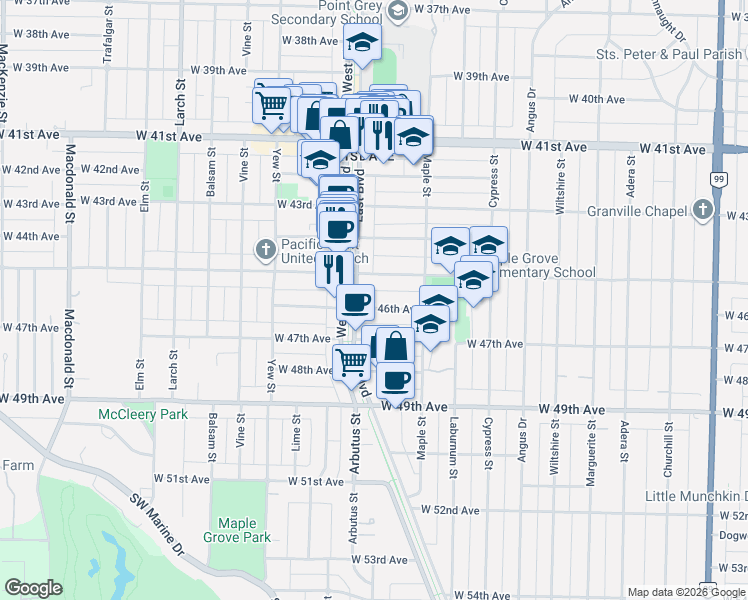 map of restaurants, bars, coffee shops, grocery stores, and more near 2079 West 46th Avenue in Vancouver