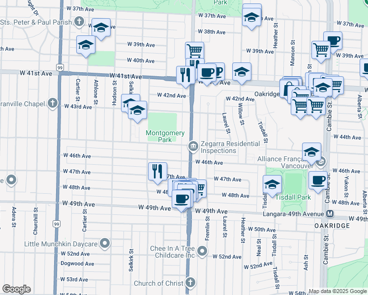 map of restaurants, bars, coffee shops, grocery stores, and more near 1016 West 45th Avenue in Vancouver