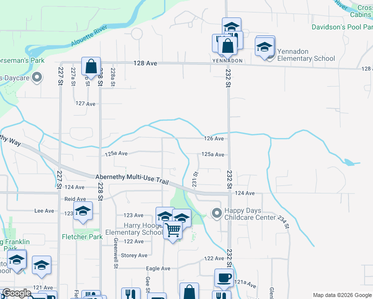 map of restaurants, bars, coffee shops, grocery stores, and more near 23053 125A Avenue in Maple Ridge