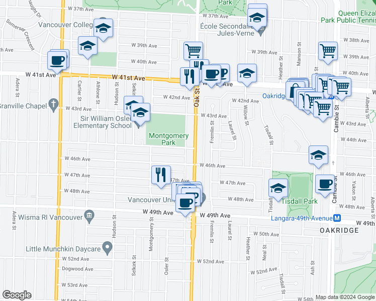 map of restaurants, bars, coffee shops, grocery stores, and more near 1020 West 45th Avenue in Vancouver