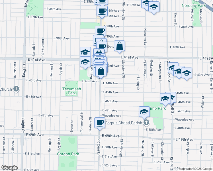 map of restaurants, bars, coffee shops, grocery stores, and more near 2032 East 44th Avenue in Vancouver