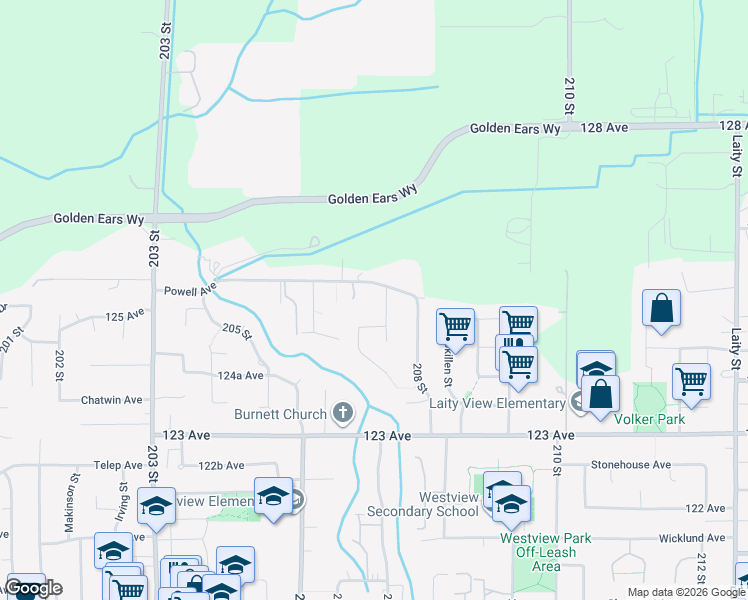 map of restaurants, bars, coffee shops, grocery stores, and more near 12529 Knotts Street in Maple Ridge