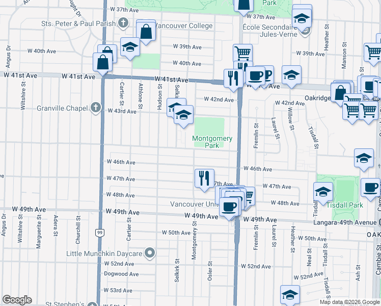 map of restaurants, bars, coffee shops, grocery stores, and more near 1138 West 45th Avenue in Vancouver