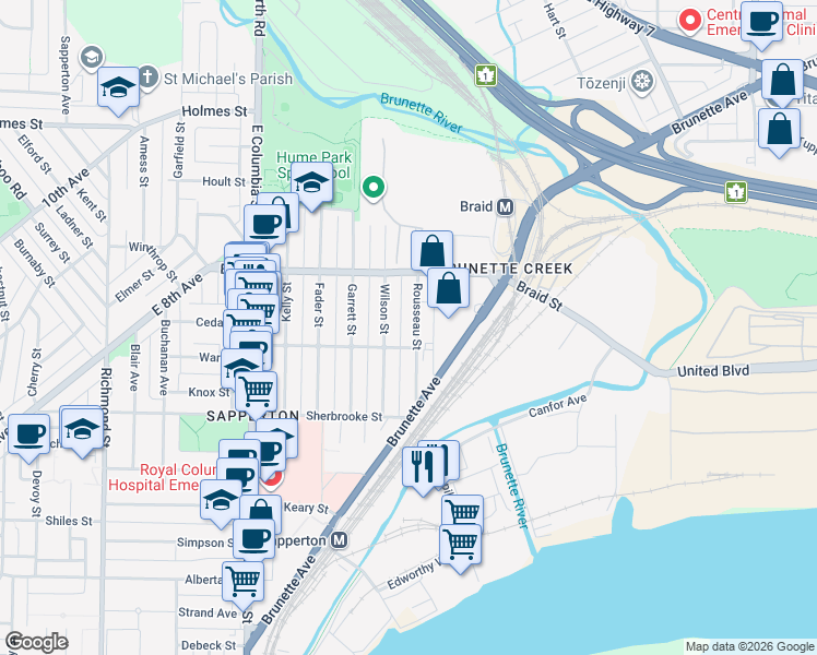 map of restaurants, bars, coffee shops, grocery stores, and more near 447 Rousseau Street in New Westminster