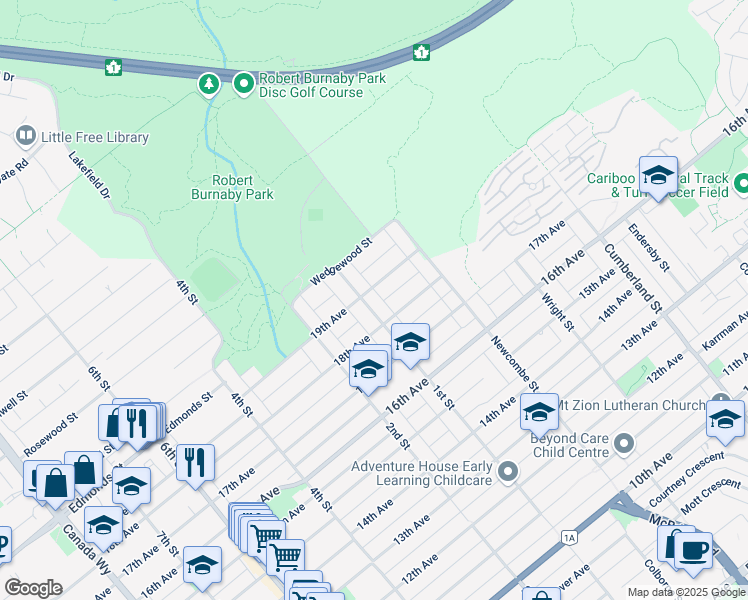 map of restaurants, bars, coffee shops, grocery stores, and more near 7332 1st Street in Burnaby