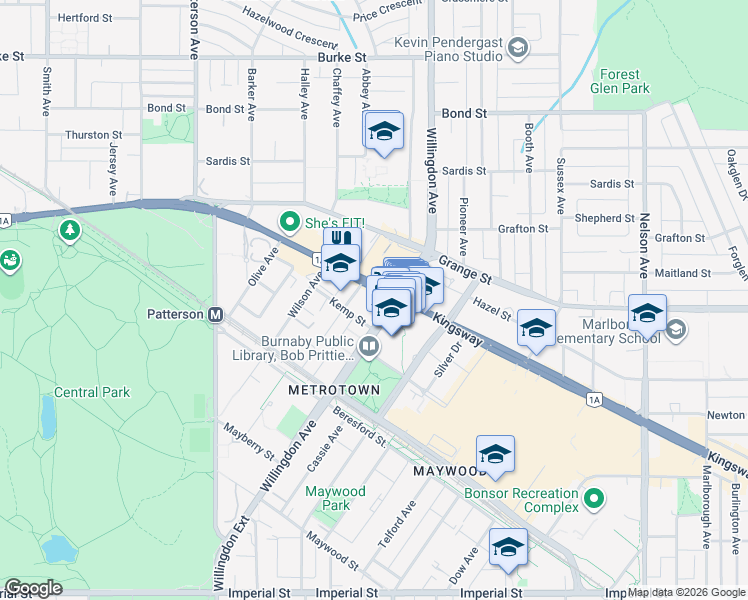 map of restaurants, bars, coffee shops, grocery stores, and more near 4444 Kingsway in Burnaby