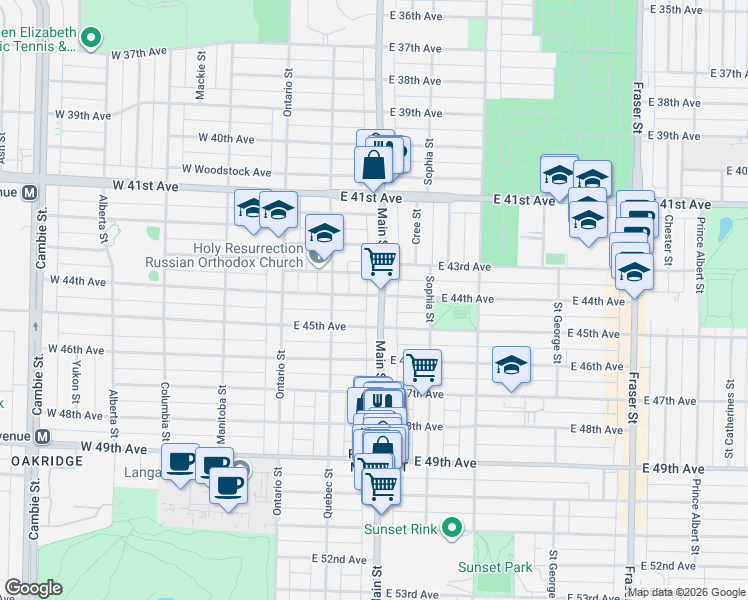 map of restaurants, bars, coffee shops, grocery stores, and more near 192 East 44th Avenue in Vancouver