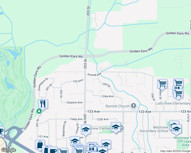 map of restaurants, bars, coffee shops, grocery stores, and more near 20430 Powell Avenue in Maple Ridge
